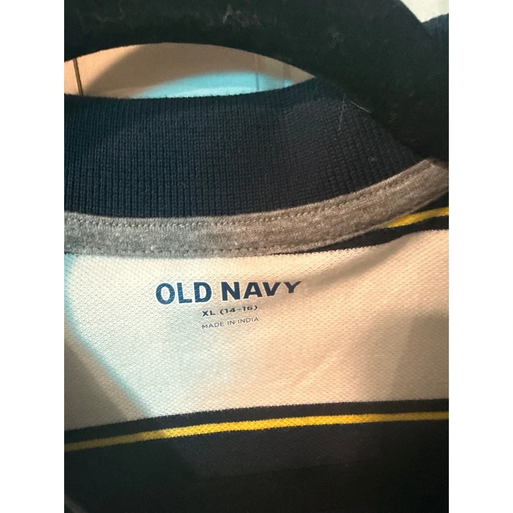 Old Navy Boys XL 14-16 Striped Polo Shirt Navy Blue White Yellow Short Sleeve
